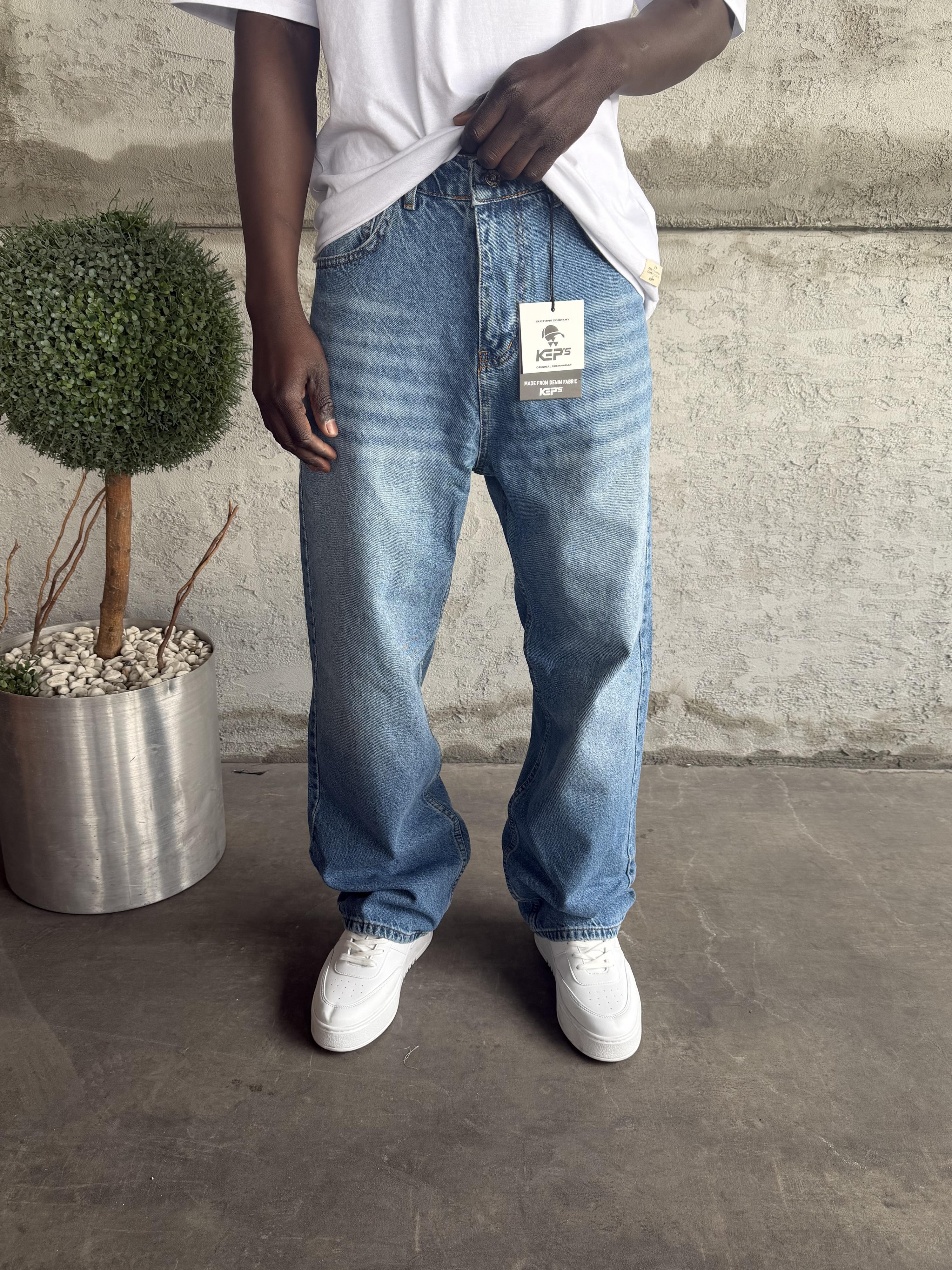 Mavi Taşlamalı Relax Baggy Jean