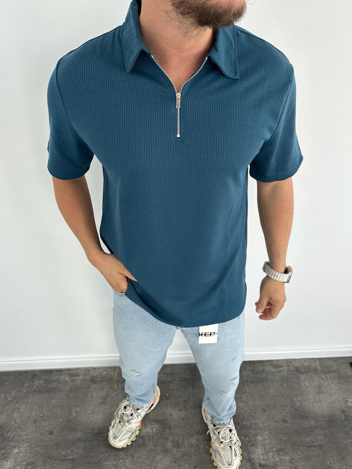 Petrol Mavi Polo Yaka Fermuarlı T-Shirt