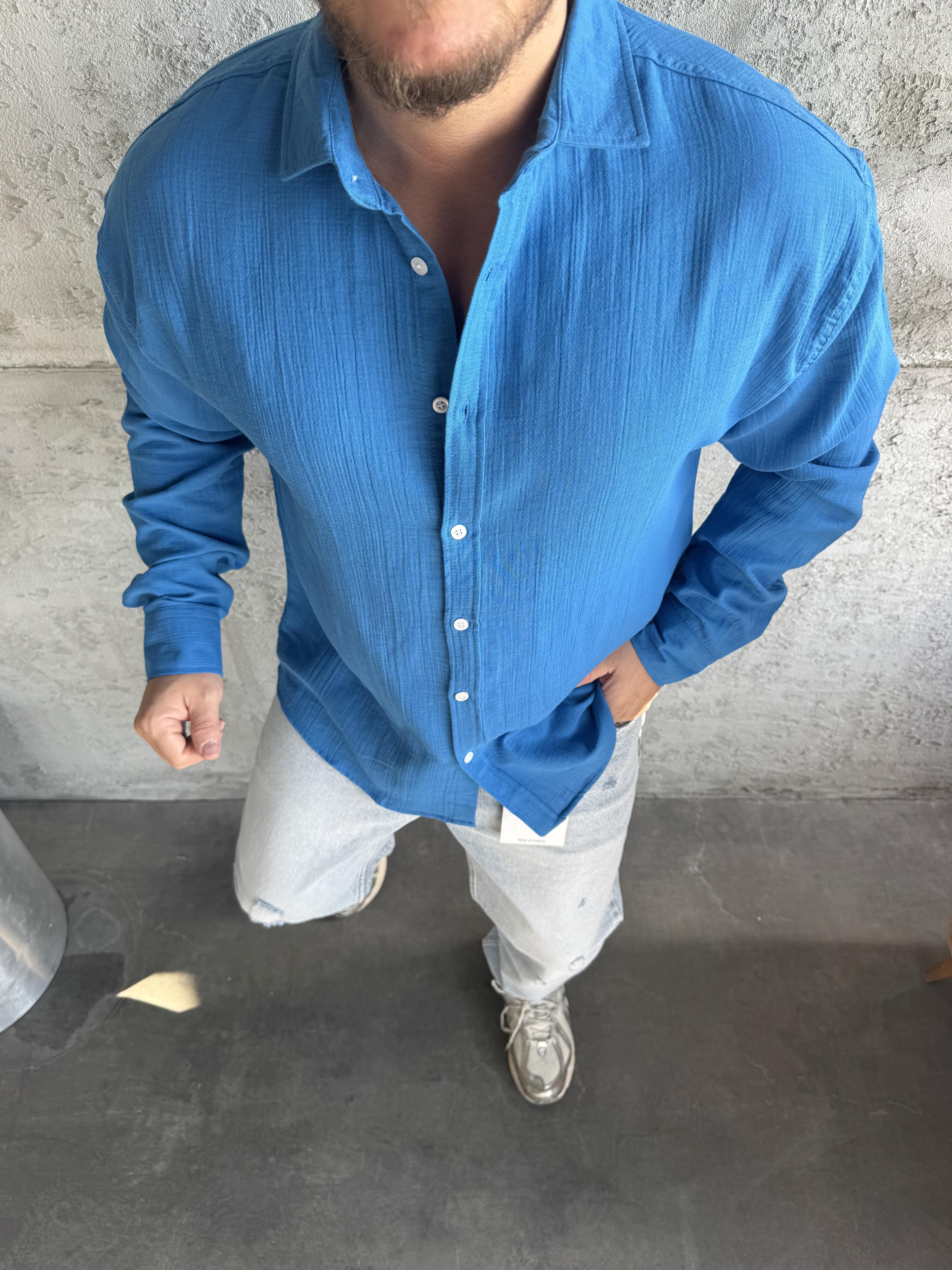 Saks Mavi Müslin Kumaş Gömlek