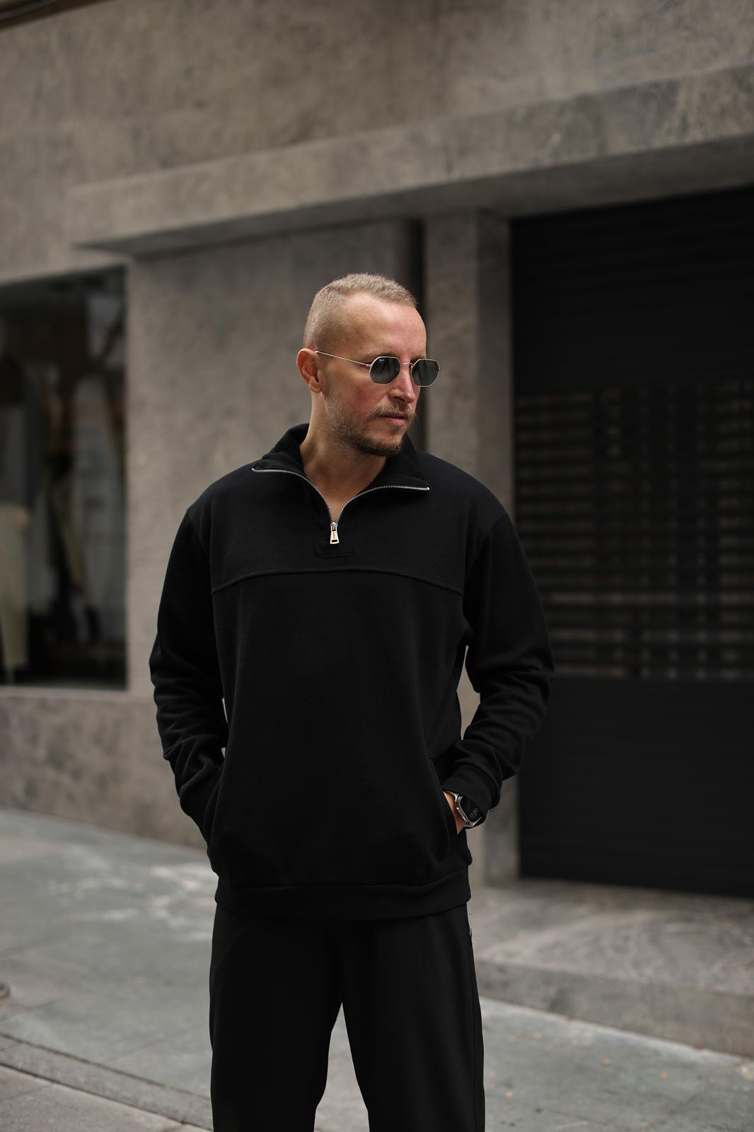 Siyah Doubleface Fermuarlı Sweatshirt