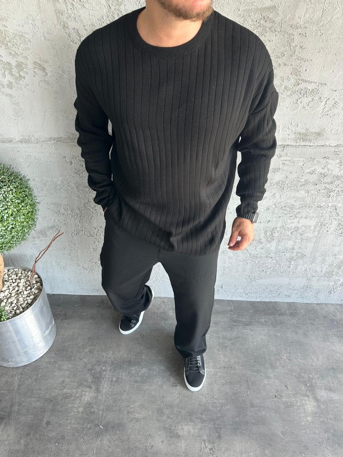 Siyah Fitilli Oversize Triko Kazak