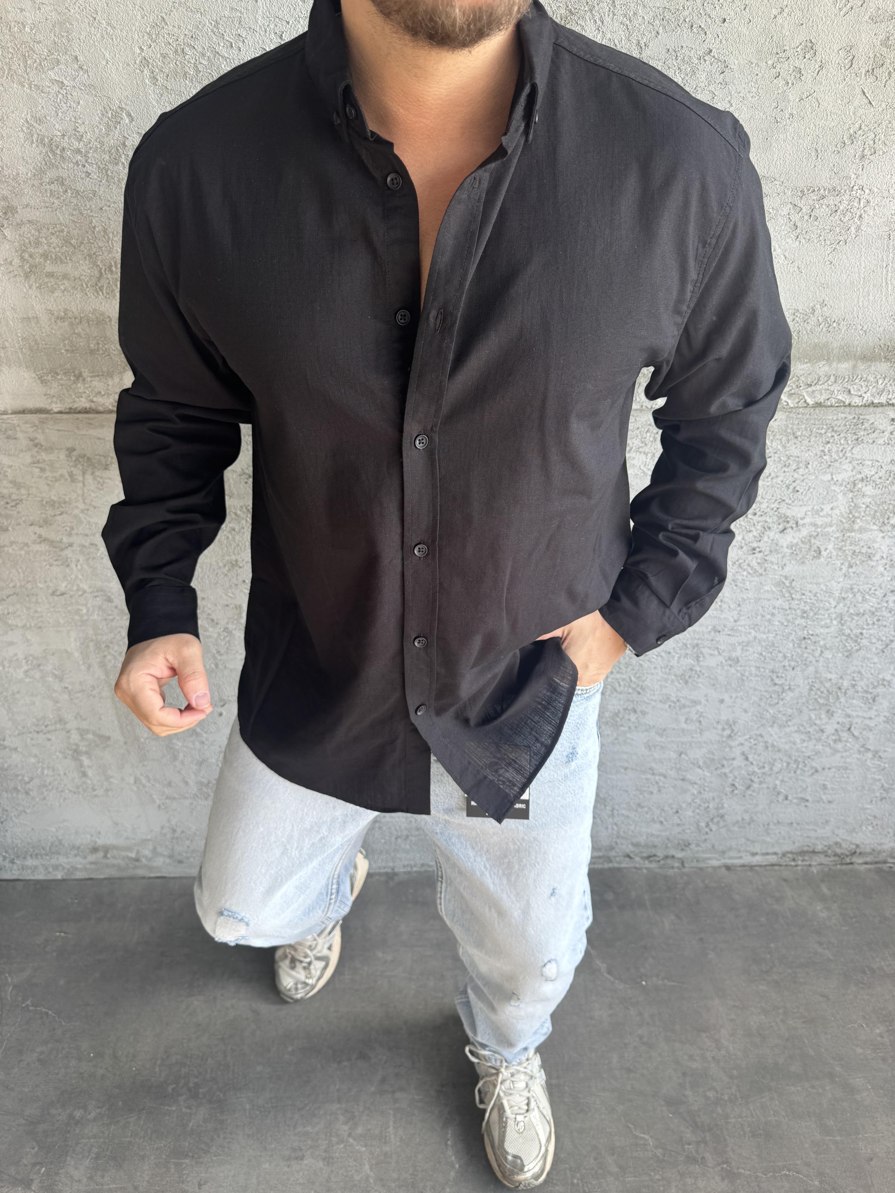 Siyah Fresh Keten Basic Gömlek