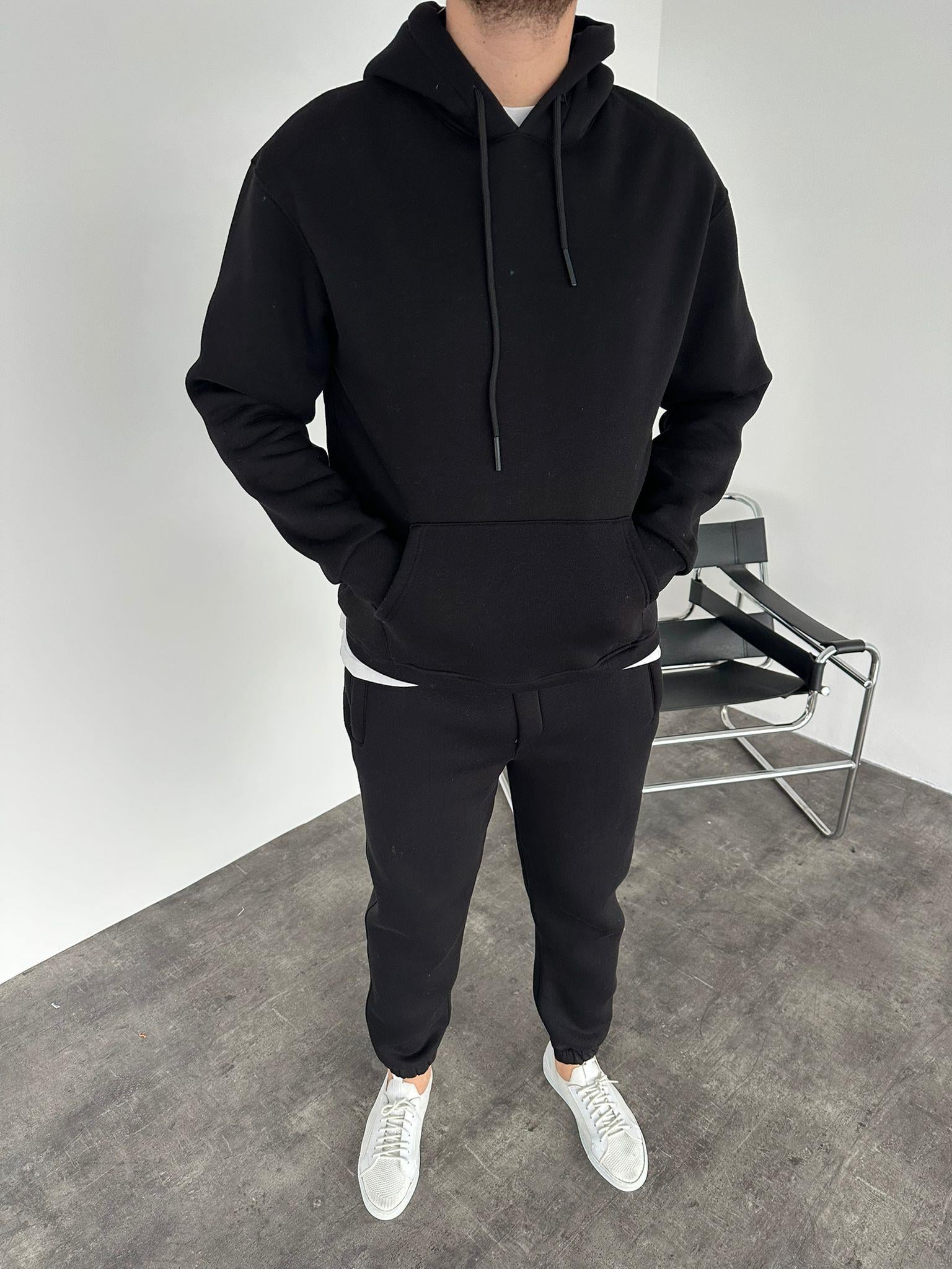 Siyah Kapüşonlu 3 İplik Eşofman Takımı