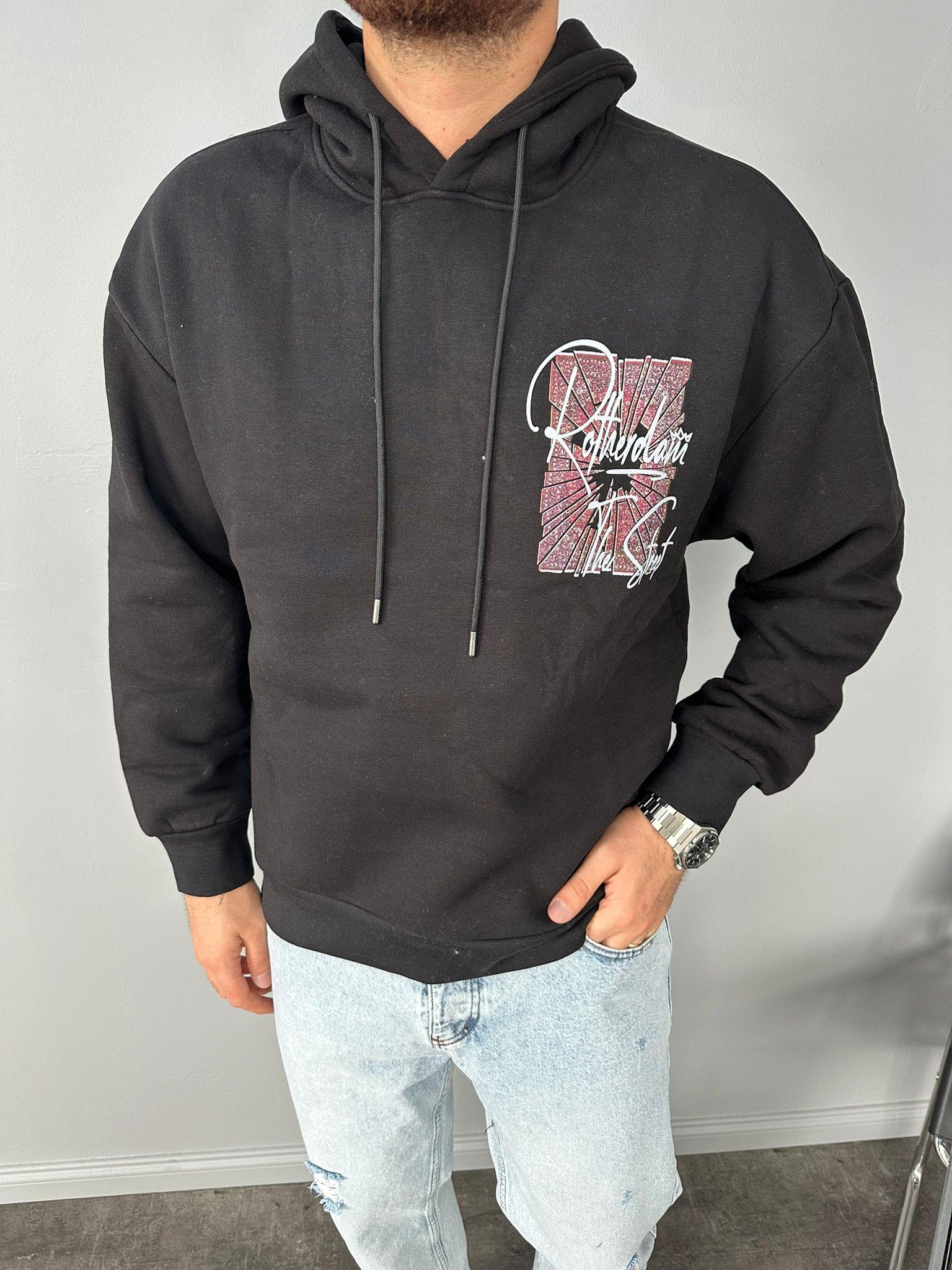 Siyah Kapüşonlu Baskılı Sweatshirt