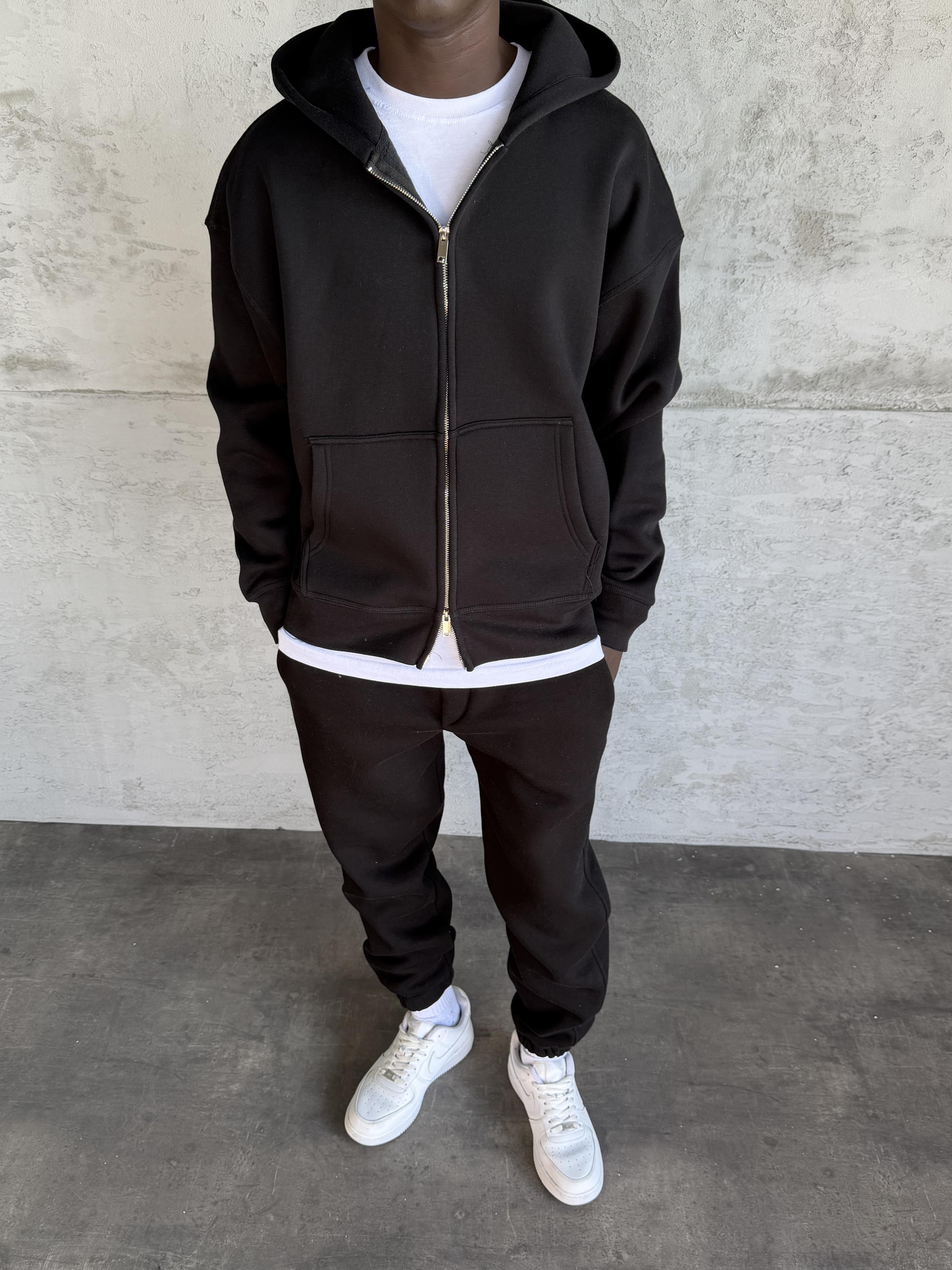 Siyah Kapüşonlu Fermuarlı Sweatshirt