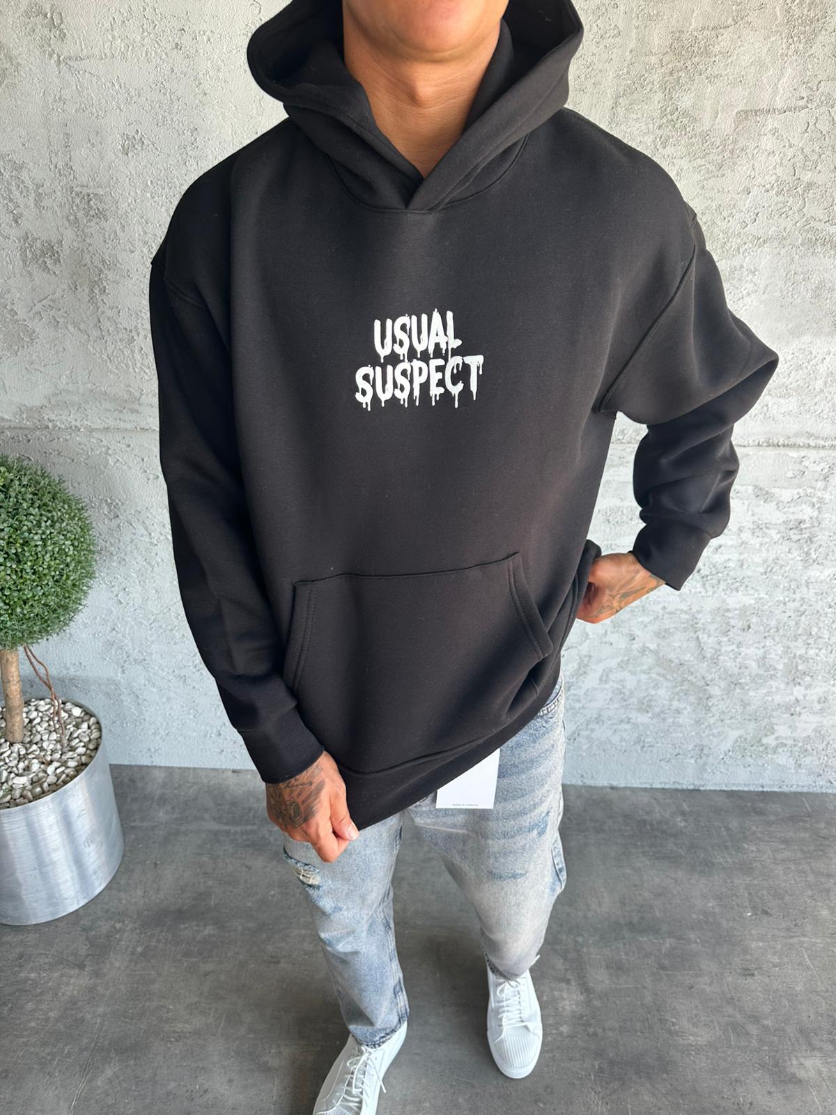 Siyah Kapüşonlu Şardonlu Baskılı Sweatshirt