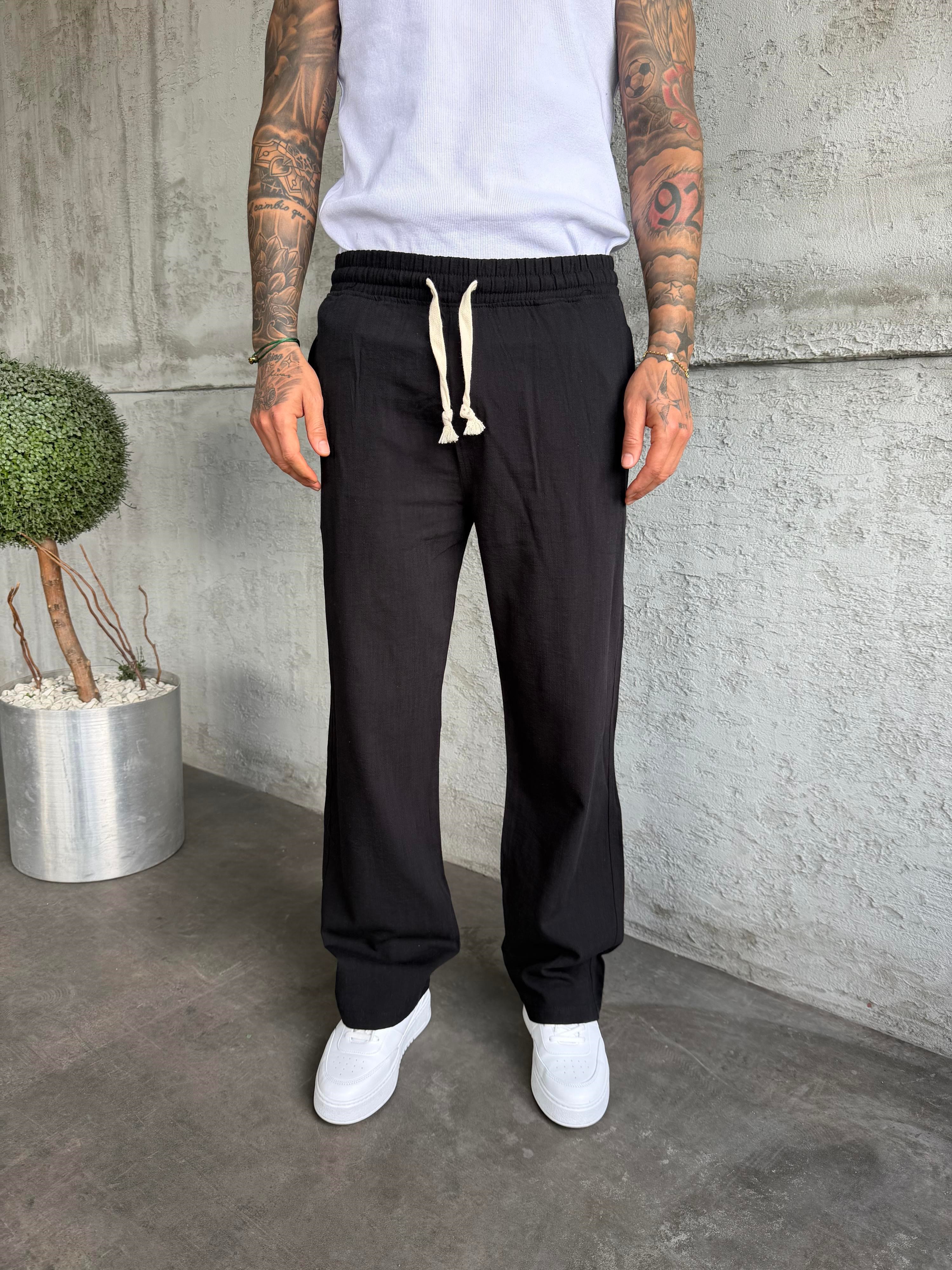 Siyah Keten Baggy Pantolon
