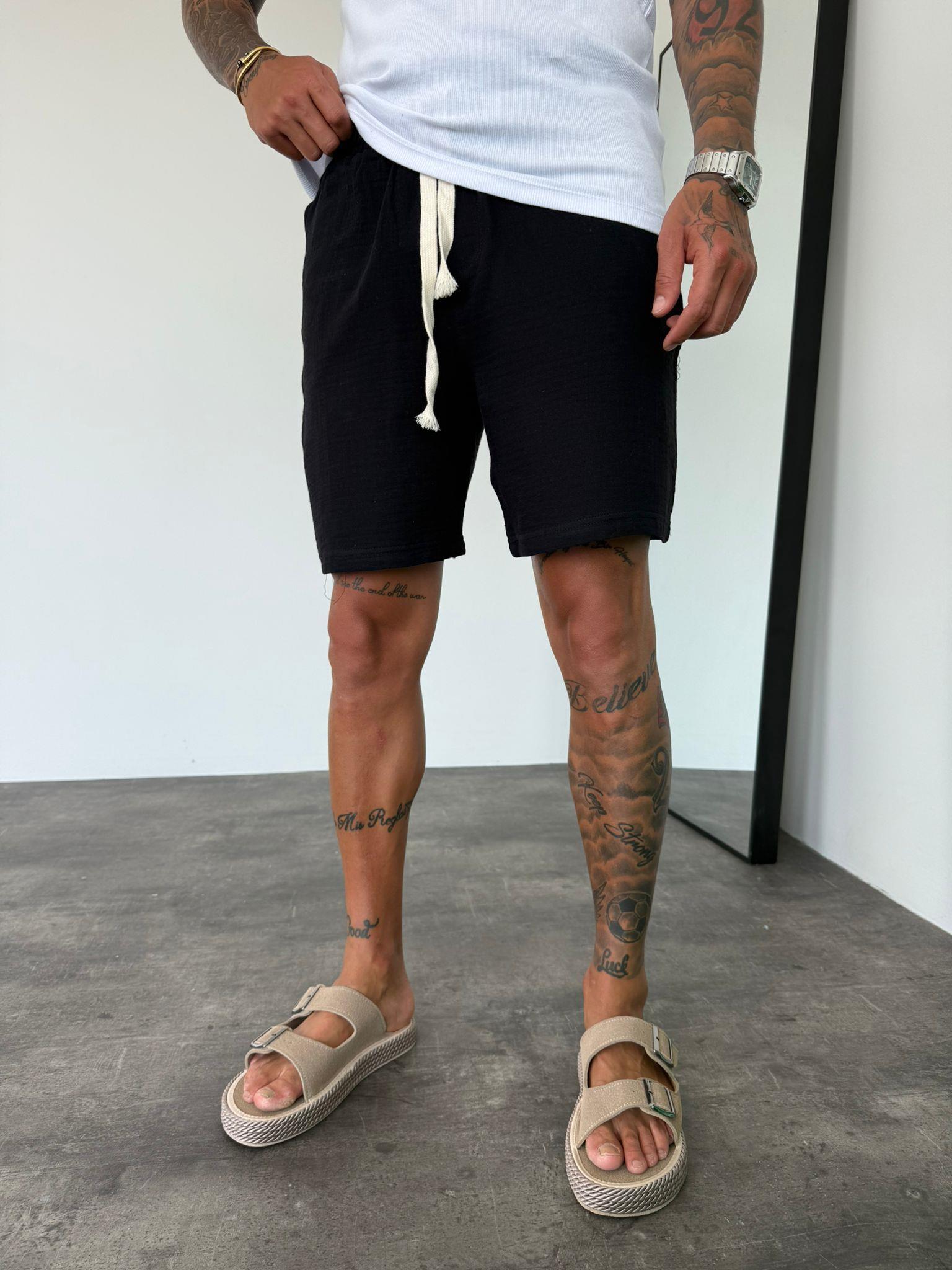 Siyah Müslin Kumaş Keten Şort