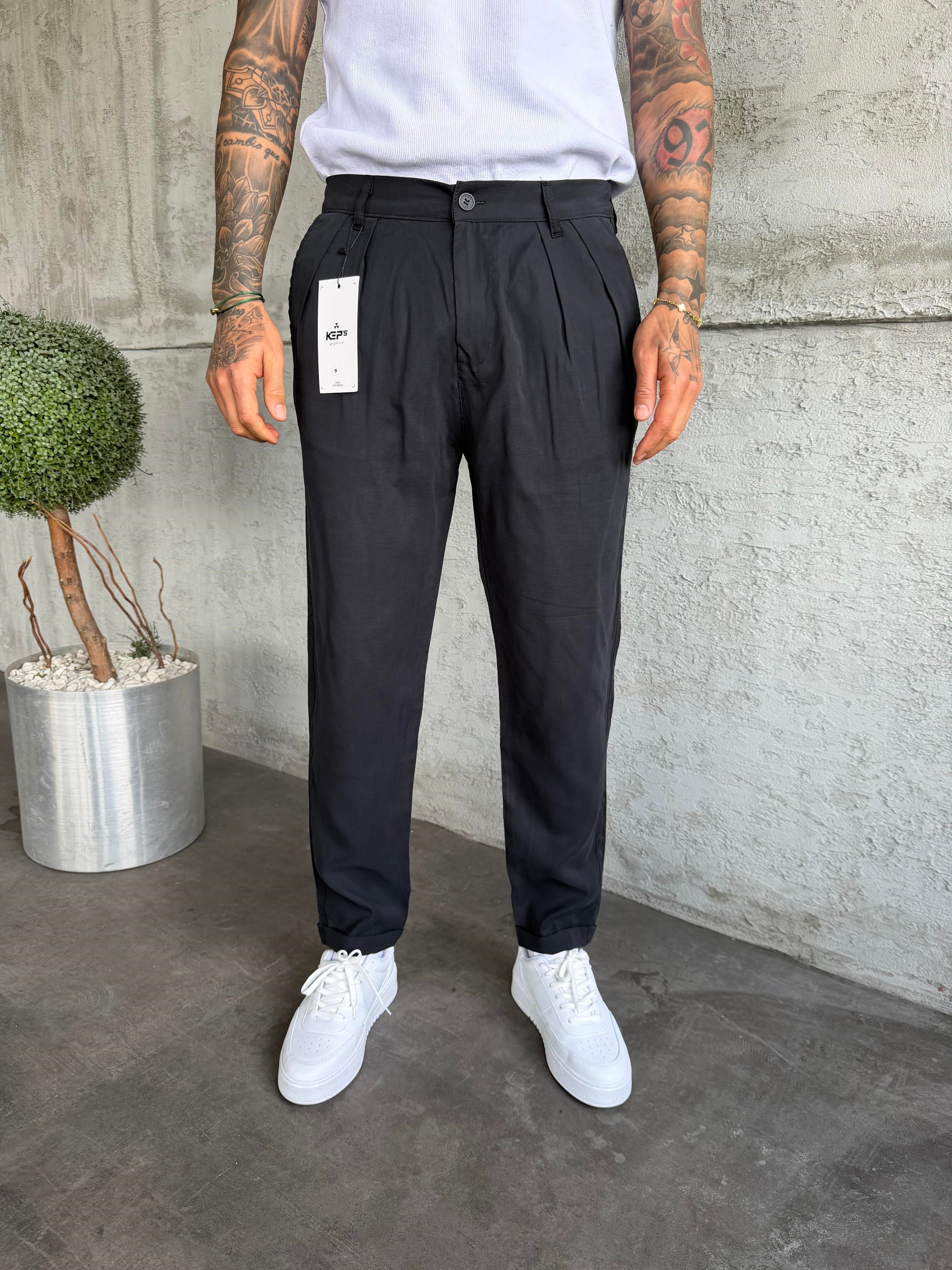 Siyah Pileli Modal Kumaş Boyfriend Pantolon