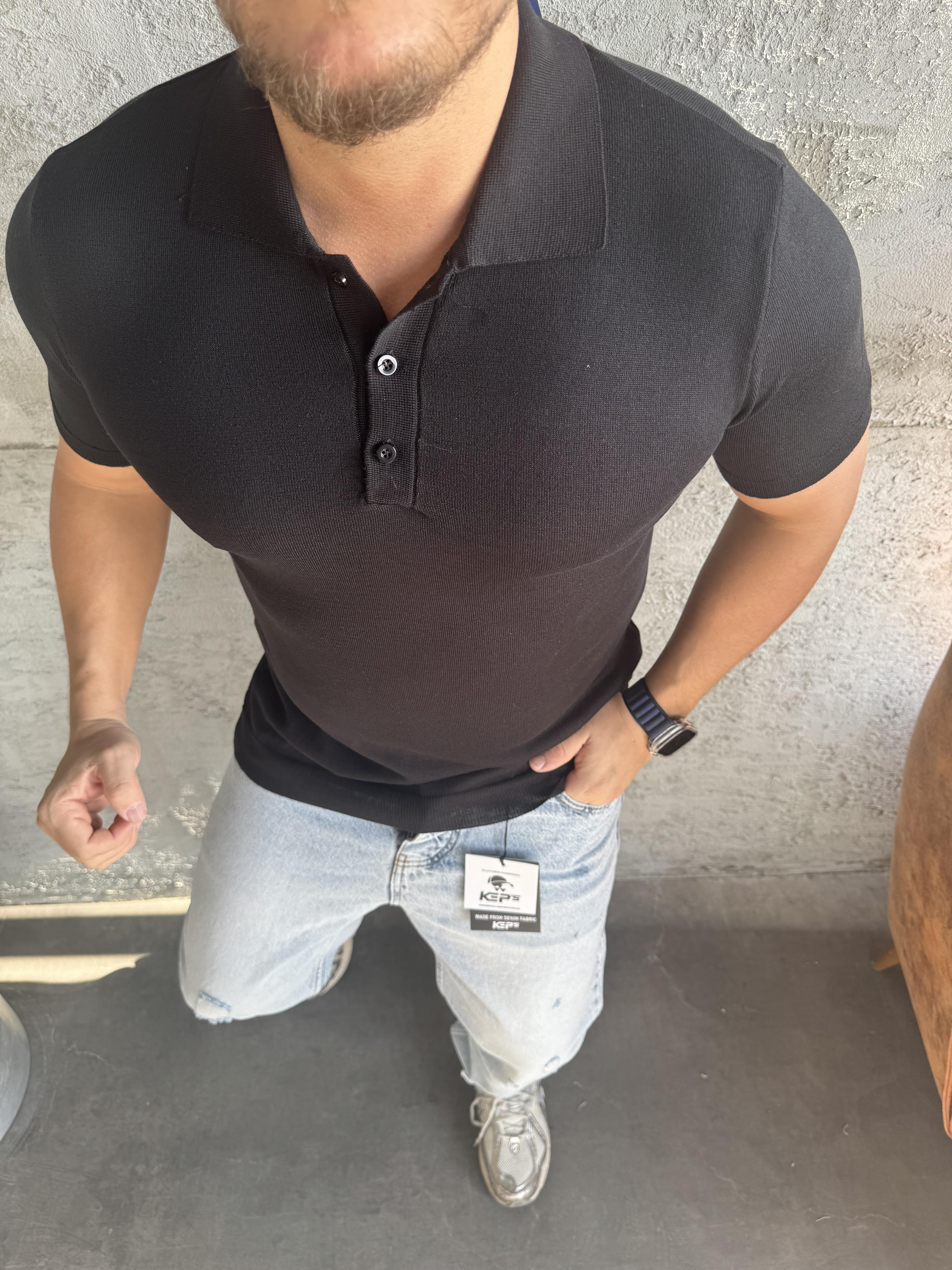 Siyah Polo Yaka Düğmeli Triko T-Shirt