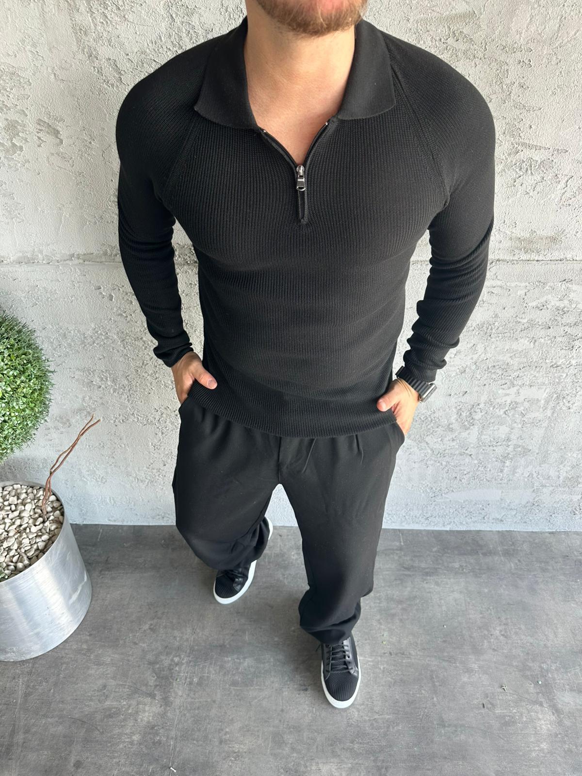 Siyah Polo Yaka Fermuarlı Slimfit Triko Kazak