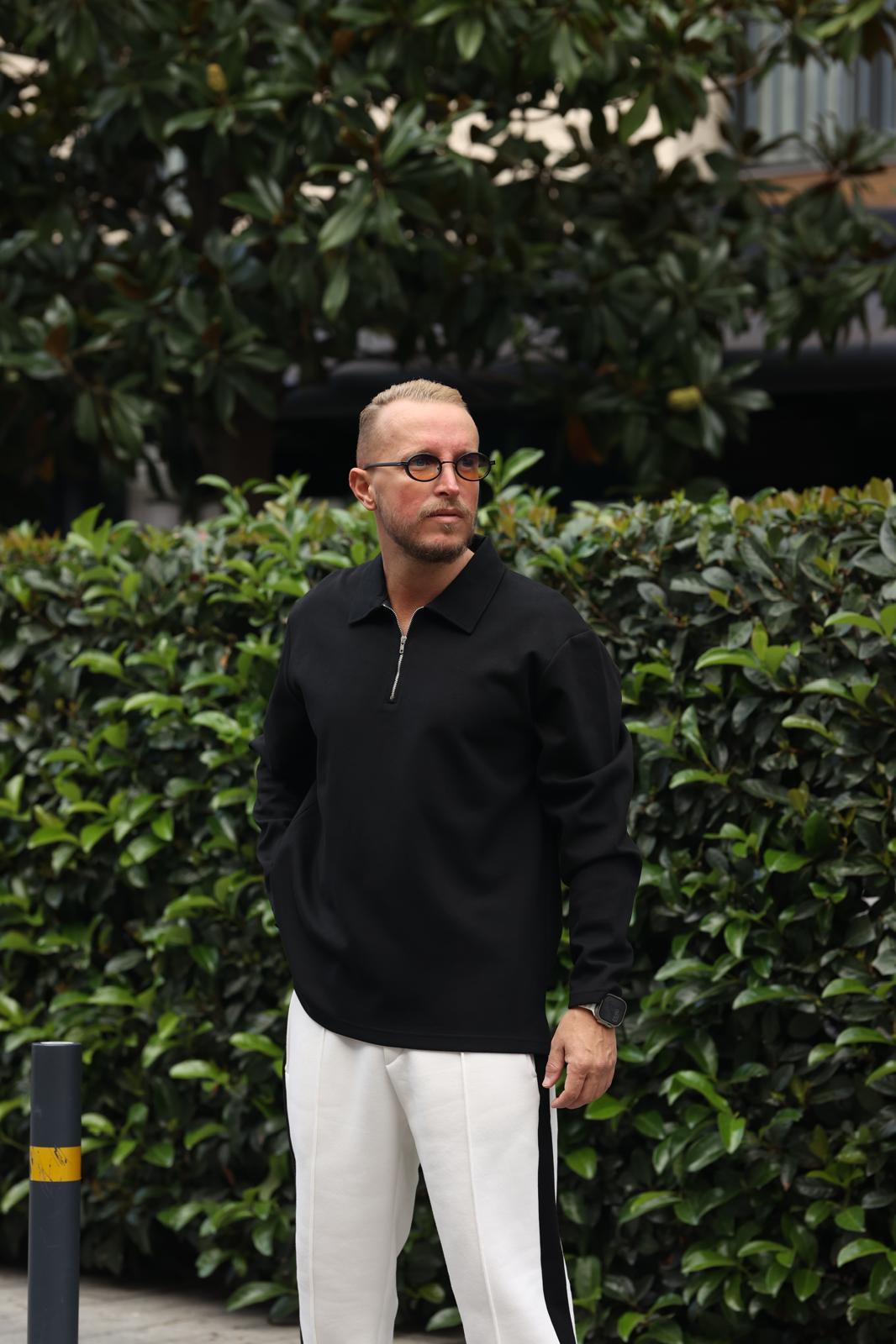 Siyah Polo Yaka Fermuarlı Sweatshirt