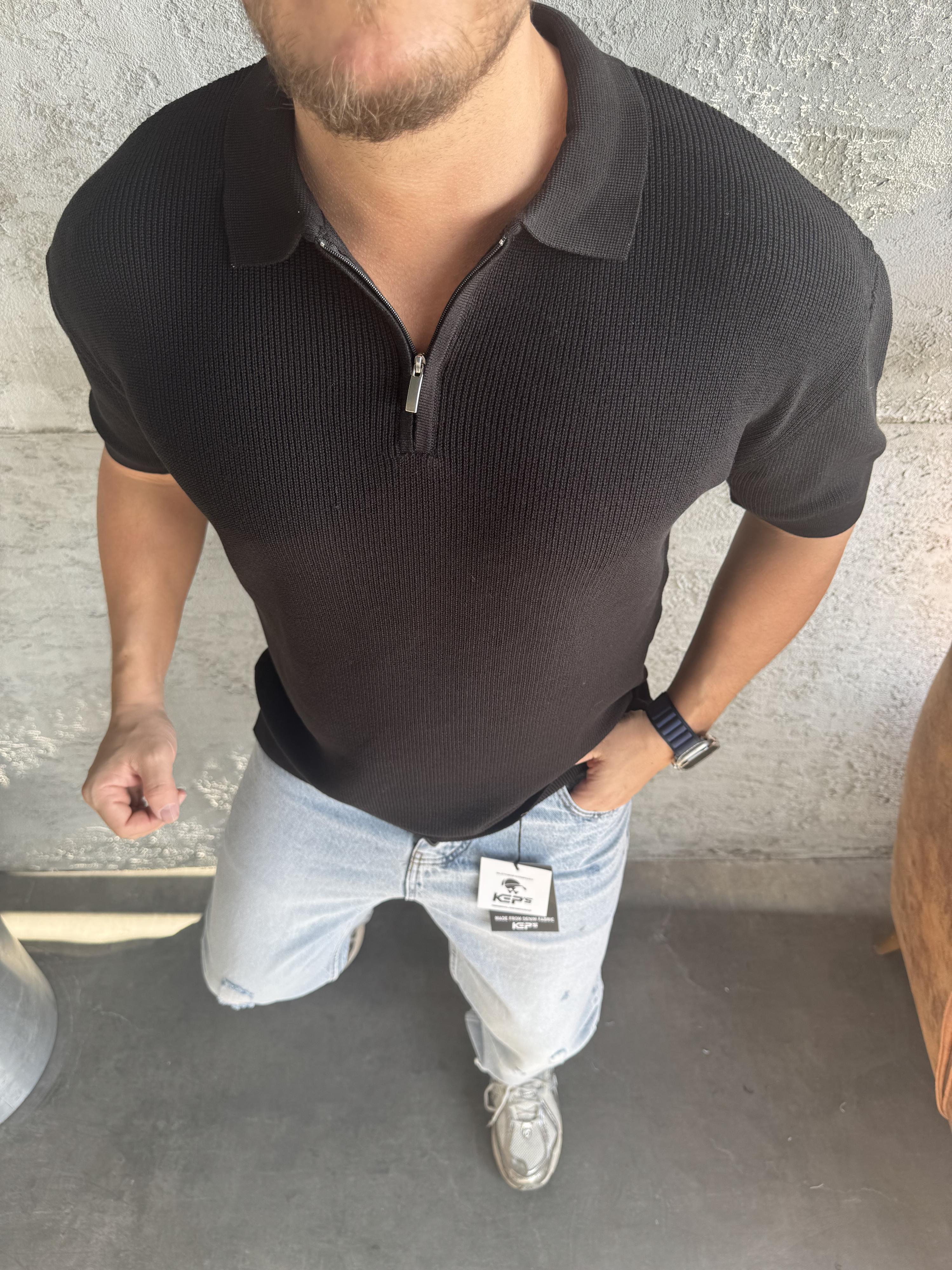 Siyah Polo Yaka Fermuarlı Triko T-Shirt