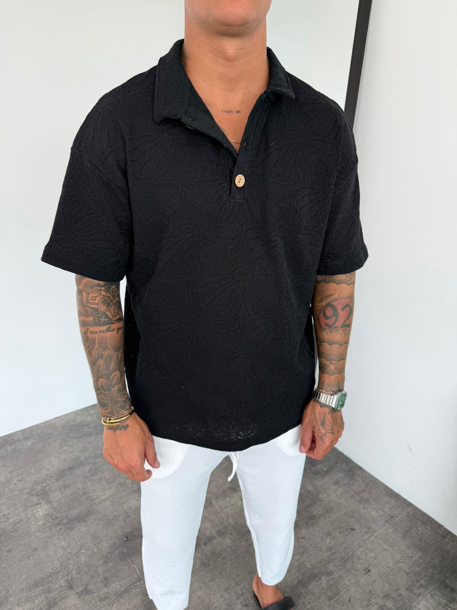 Siyah Polo Yaka Örme Triko T-Shirt