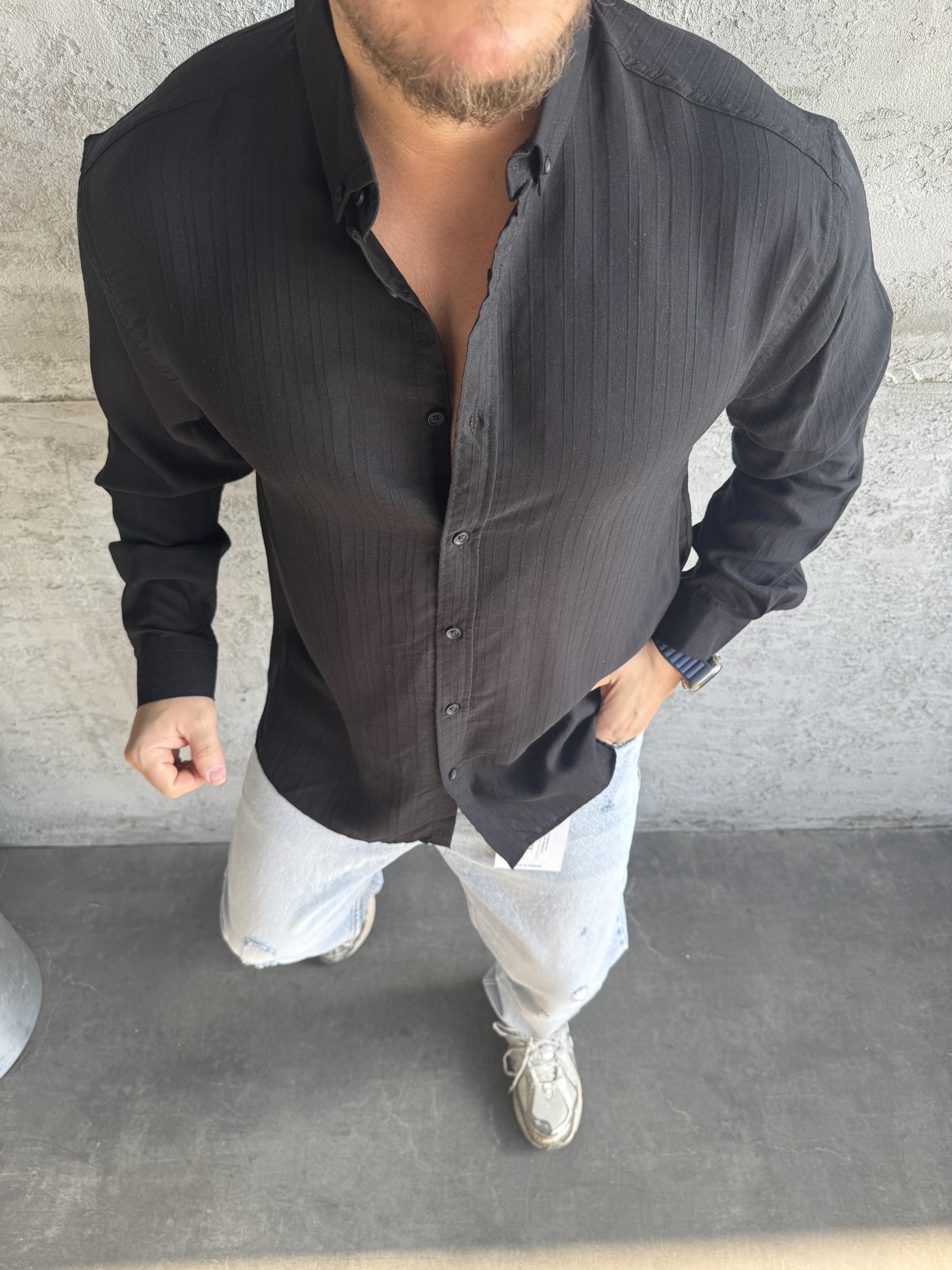 Siyah Tensel Kumaş Desenli Oversize Gömlek