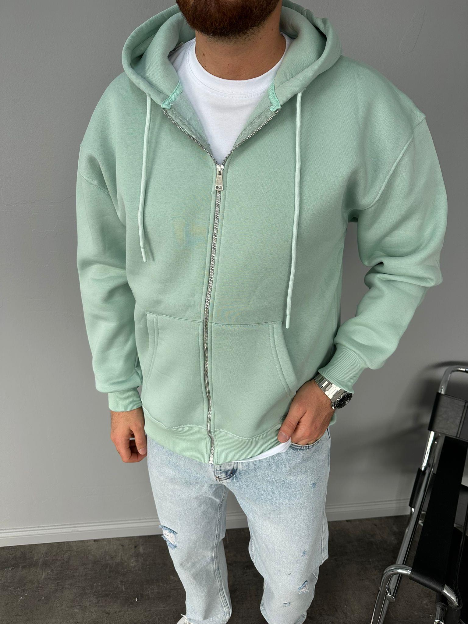 Su Yeşili Kapüşonlu Fermuarlı Sweatshirt