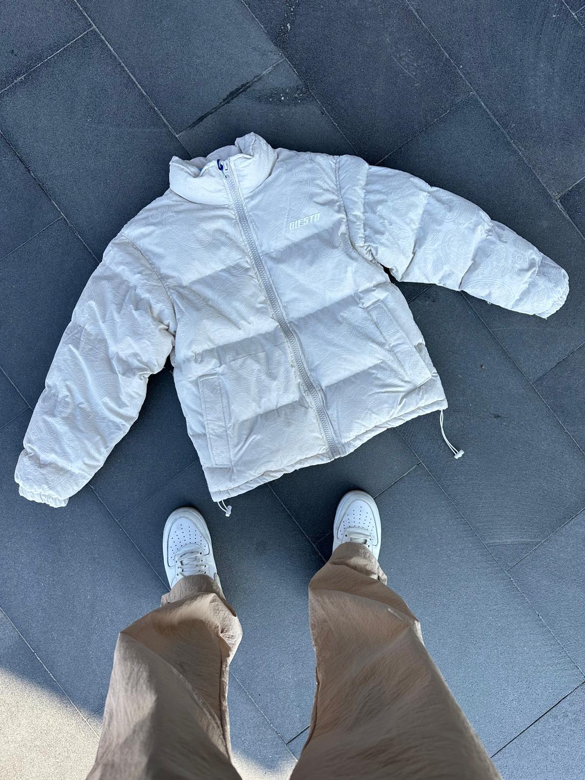 Taş Rengi Oversize Flok Baskı Şişme Mont