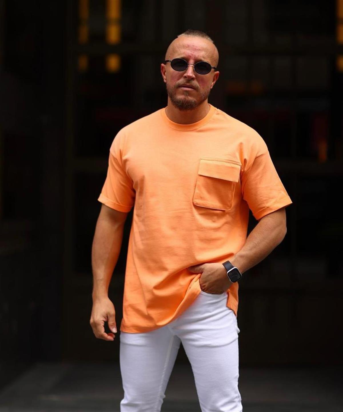 Turuncu Cep Detaylı Oversize T-Shirt