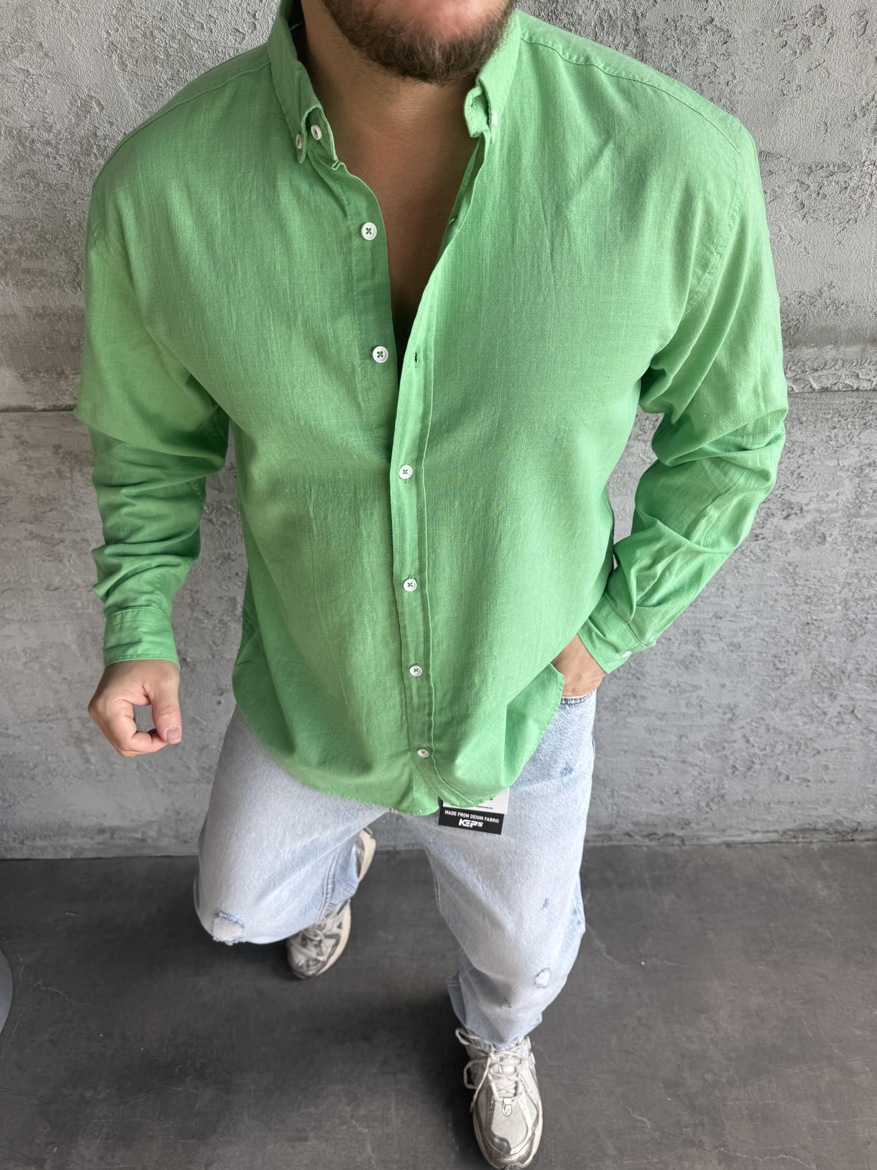 Yeşil Fresh Keten Basic Gömlek