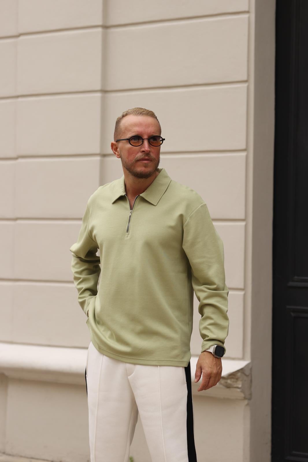 Yeşil Polo Yaka Fermuarlı Sweatshirt