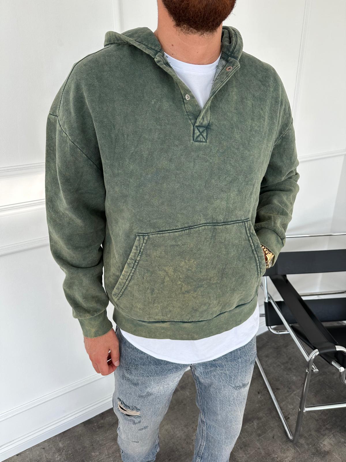 Yeşil Yıkamalı Kapüşonlü Sweatshirt