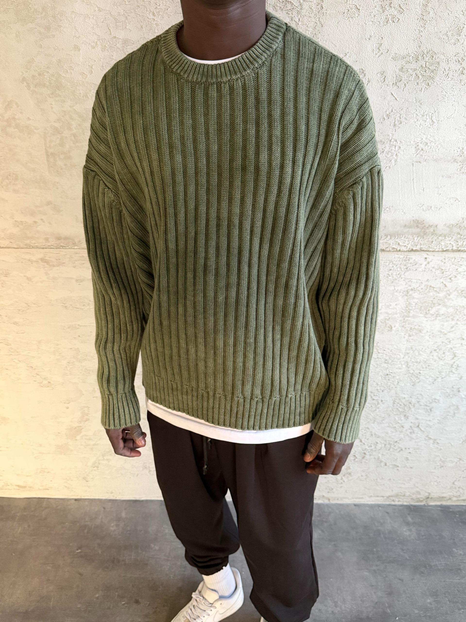 Yeşil Yıkamalı Örme Triko Kazak