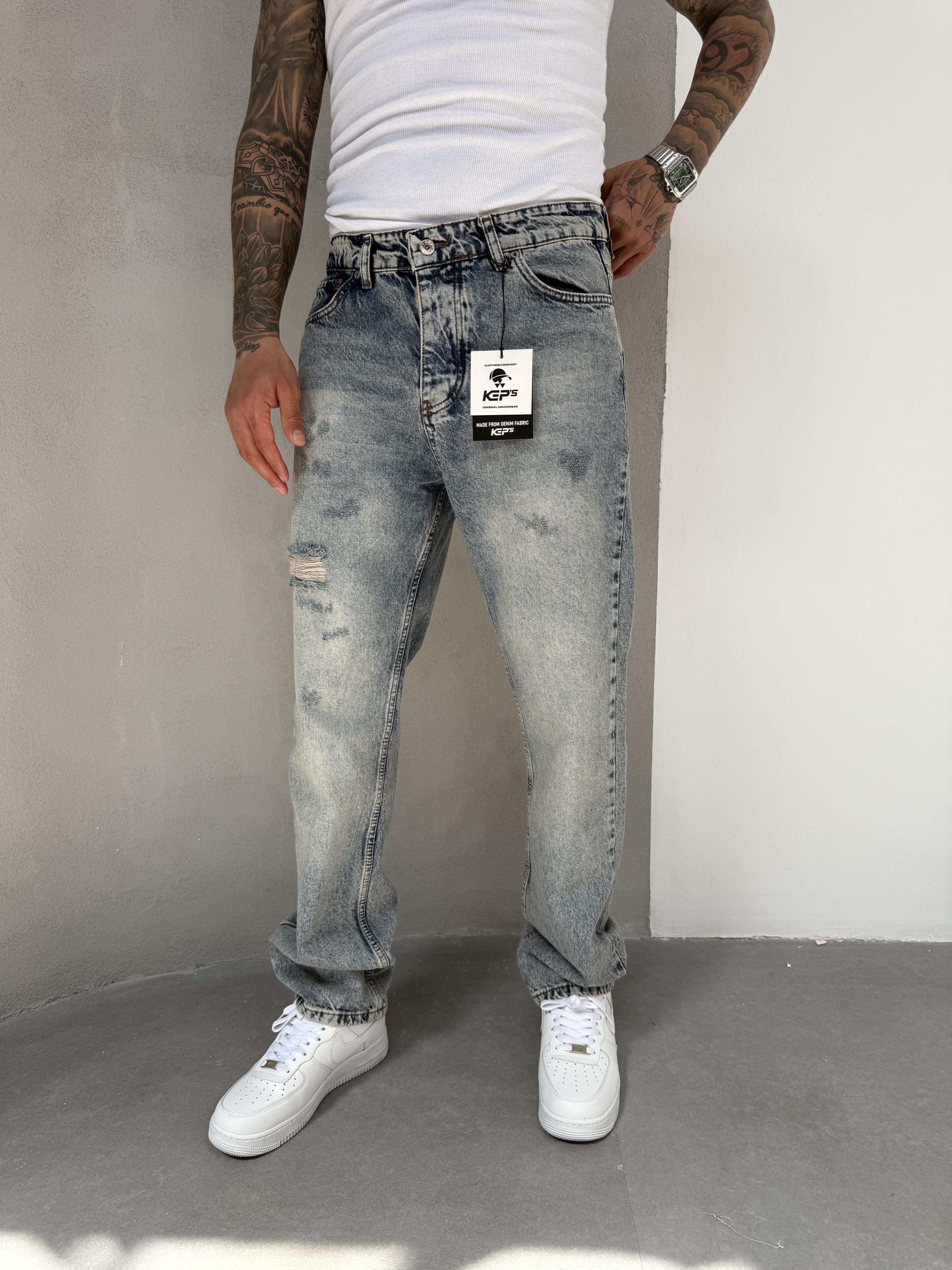 Yıkamalı Lazerli Baggy Jean