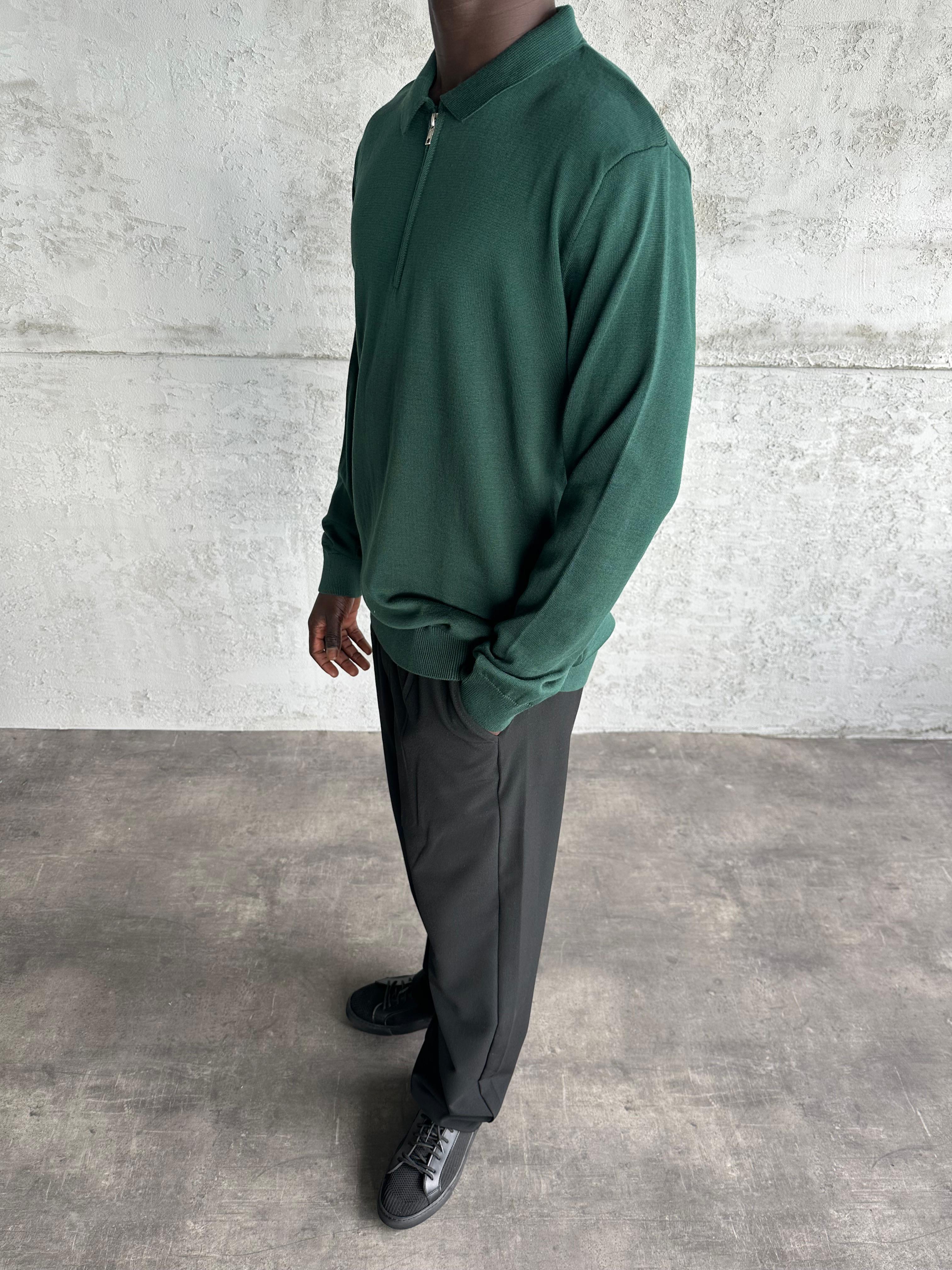 Zümrüt Polo Yaka Fermuarlı Triko Kazak