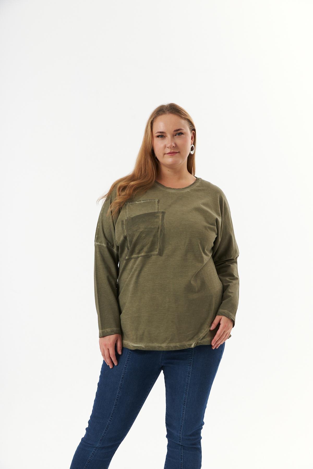Büyük Beden Cep Detay Parça Boya Sweatshirt Haki1