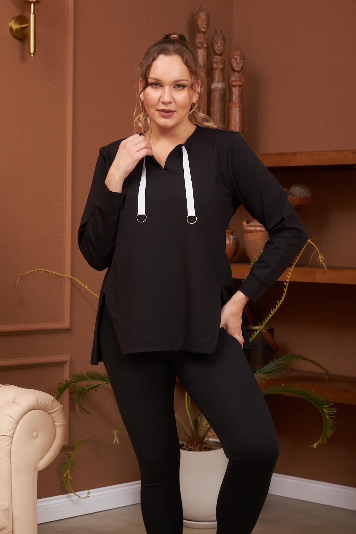 Rmg Yaka Detaylı Yırtmaçlı Büyük Beden Siyah Sweatshirt