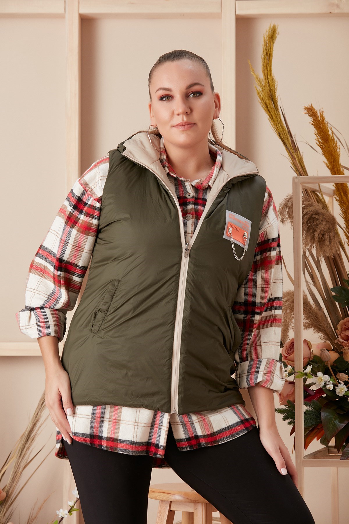 Rmg Çift Taraflı Büyük Beden Haki-Krem Yelek