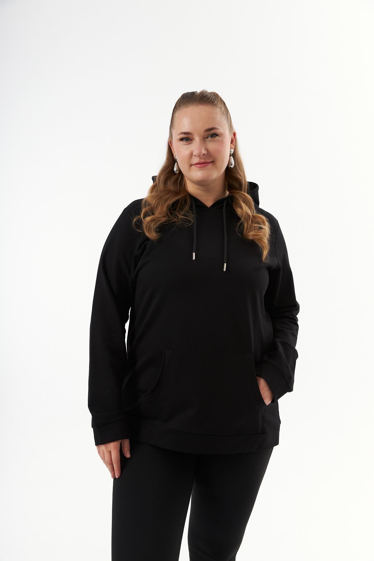 Rmg Kapşonlu Büyük Beden Siyah Sweatshirt