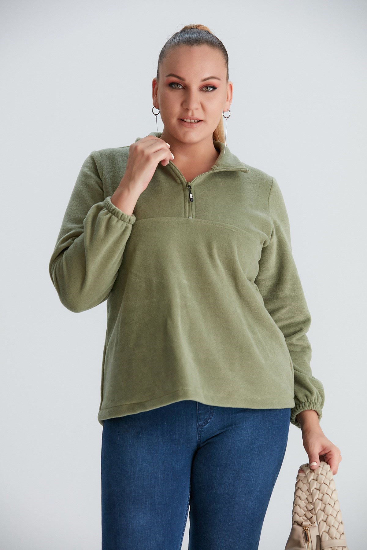 Rmg Kolları Lastikli Büyük Beden Çağla Yeşili Polar Sweatshirt