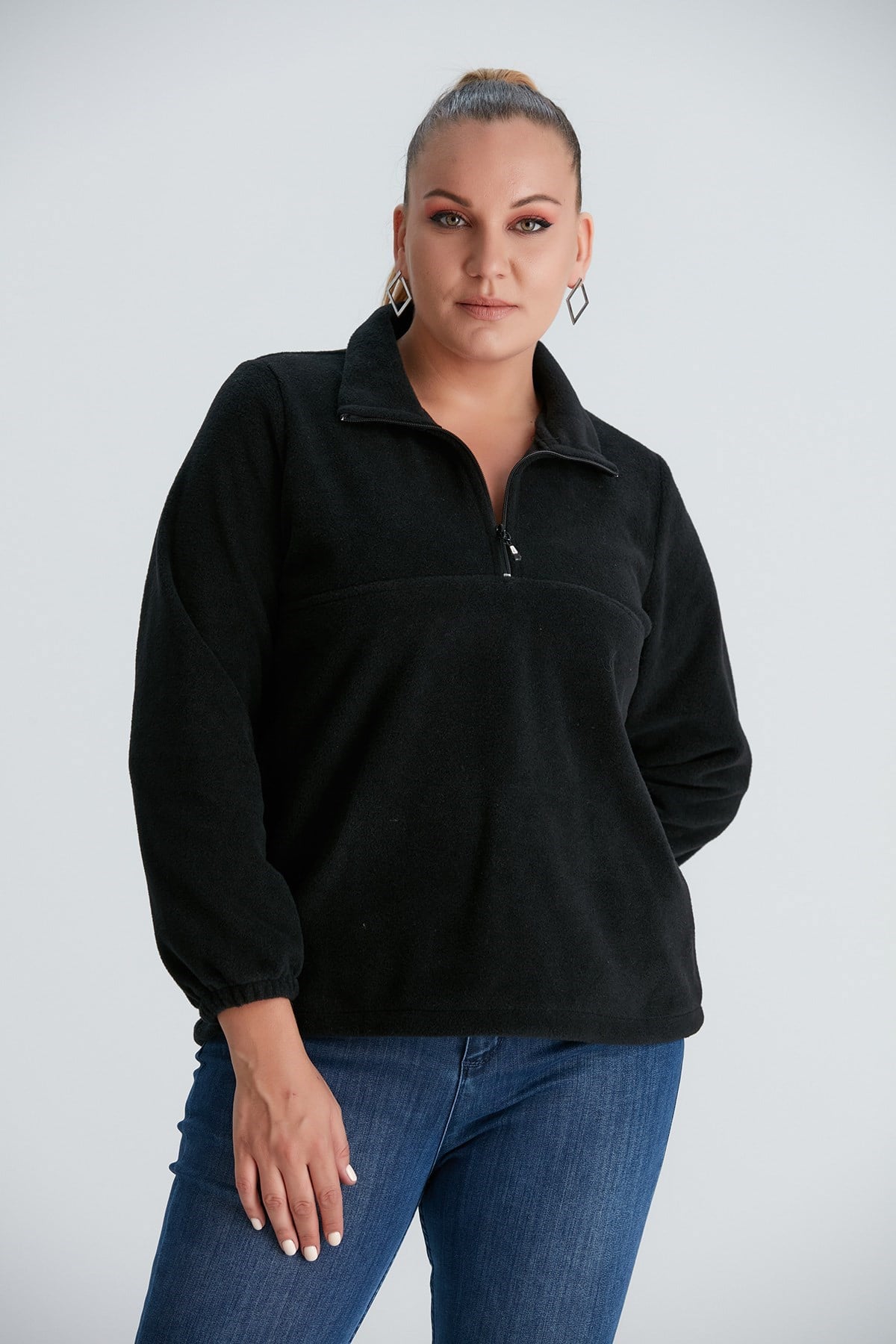 Rmg Kolları Lastikli Büyük Beden Siyah Polar Sweatshirt