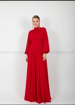 Puane ithal şifon kırmızı abiye elbise