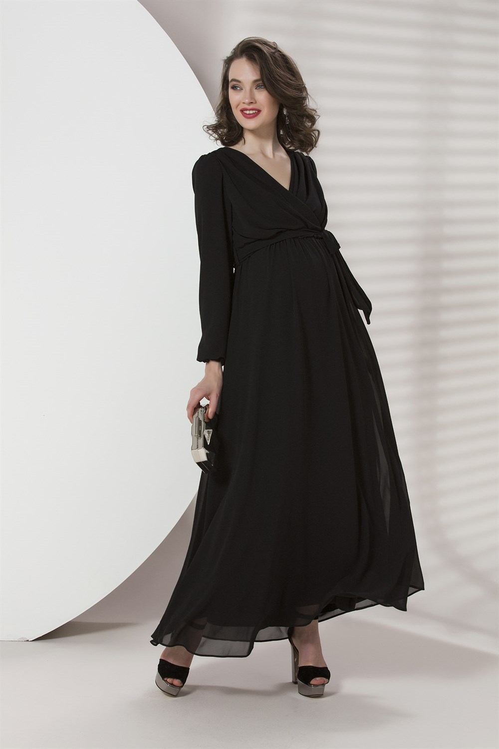 Gör-Sin BabyShower Hamile Uzun Kollu Şifon Elbise Siyah