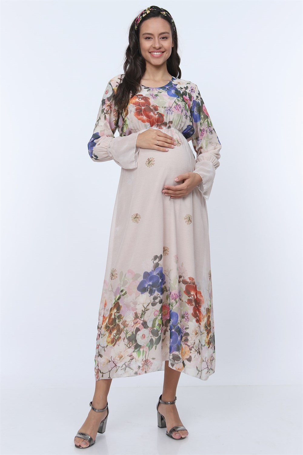 Büyük Beden Gör-Sin Çiçek Desenli Uzun Hamile Elbise Pudra en uygun  fiyatlar yüksek Kalite | rotarz.com