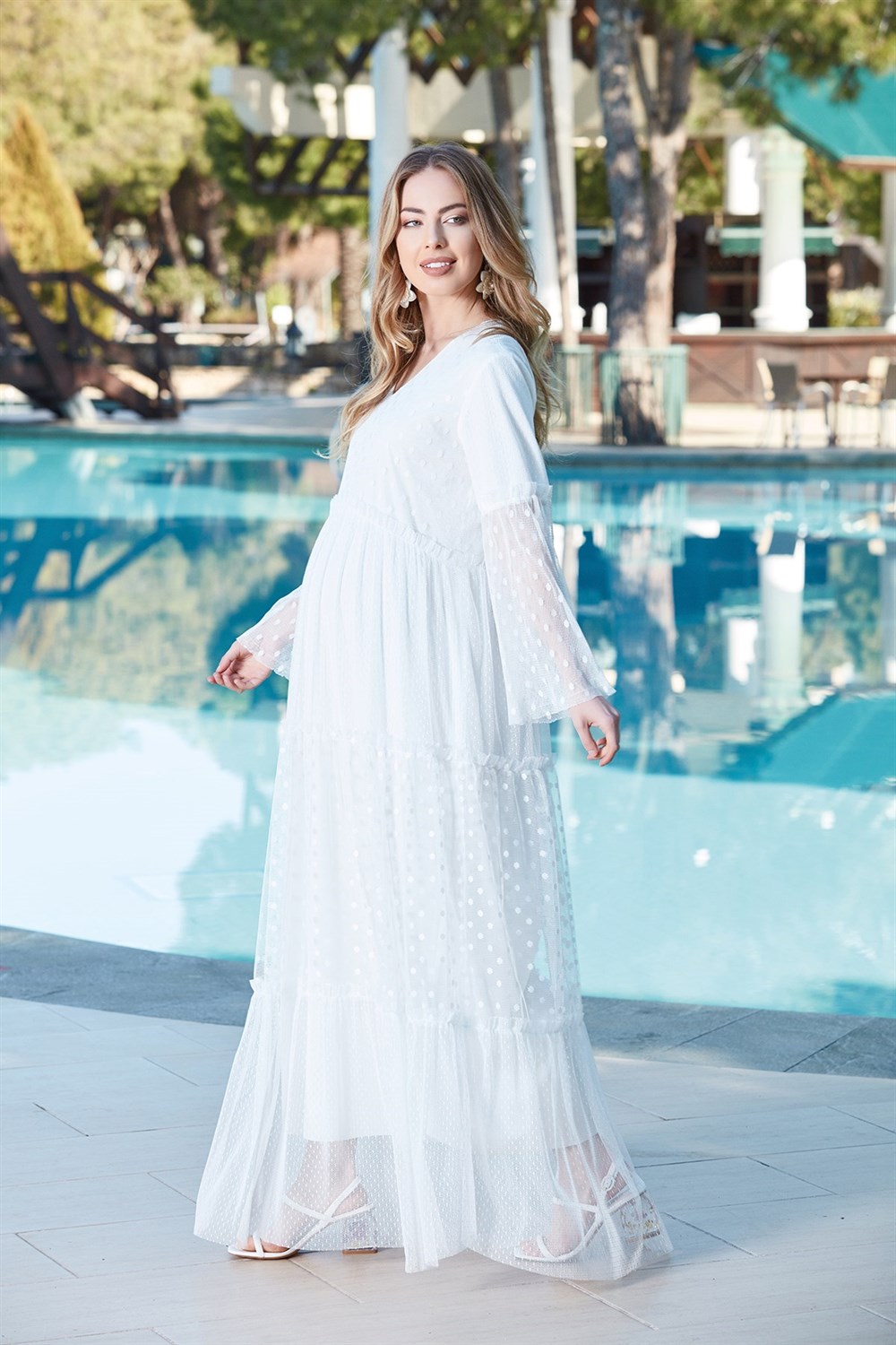 Büyük Beden Gör-Sin Kol ve Etek Tül Detaylı Hamile Abiye Elbise Beyaz en  uygun fiyatlar yüksek Kalite | rotarz.com