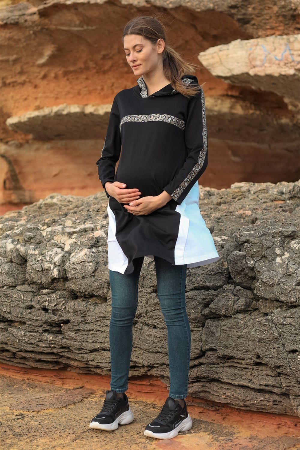 Gör-Sin Pul Payetli Kapşonlu Hamile Uzun Sweatshirt Siyah