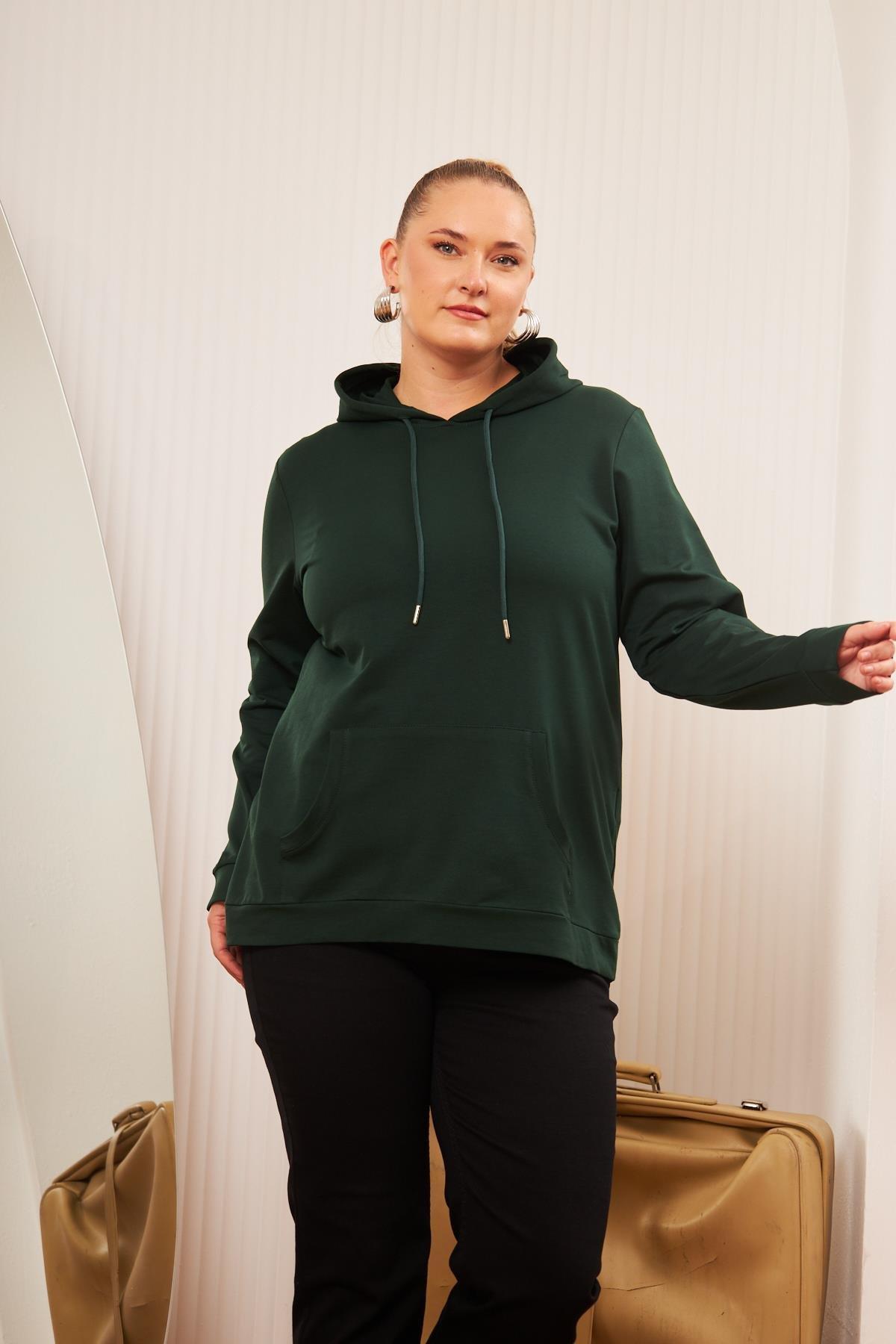 Kapşonlu Büyük Beden Sweatshirt Zümrüt