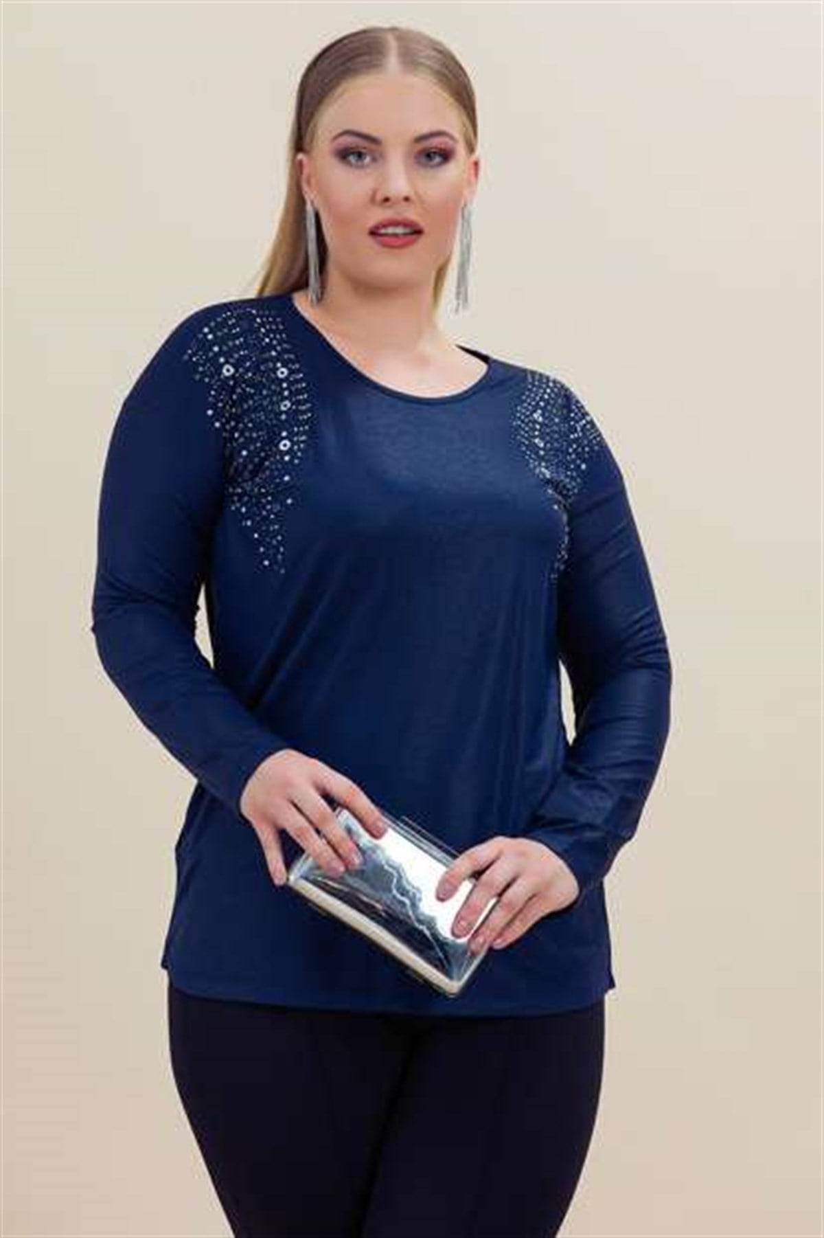 Lacivert Taş İşlemeli Bluz 