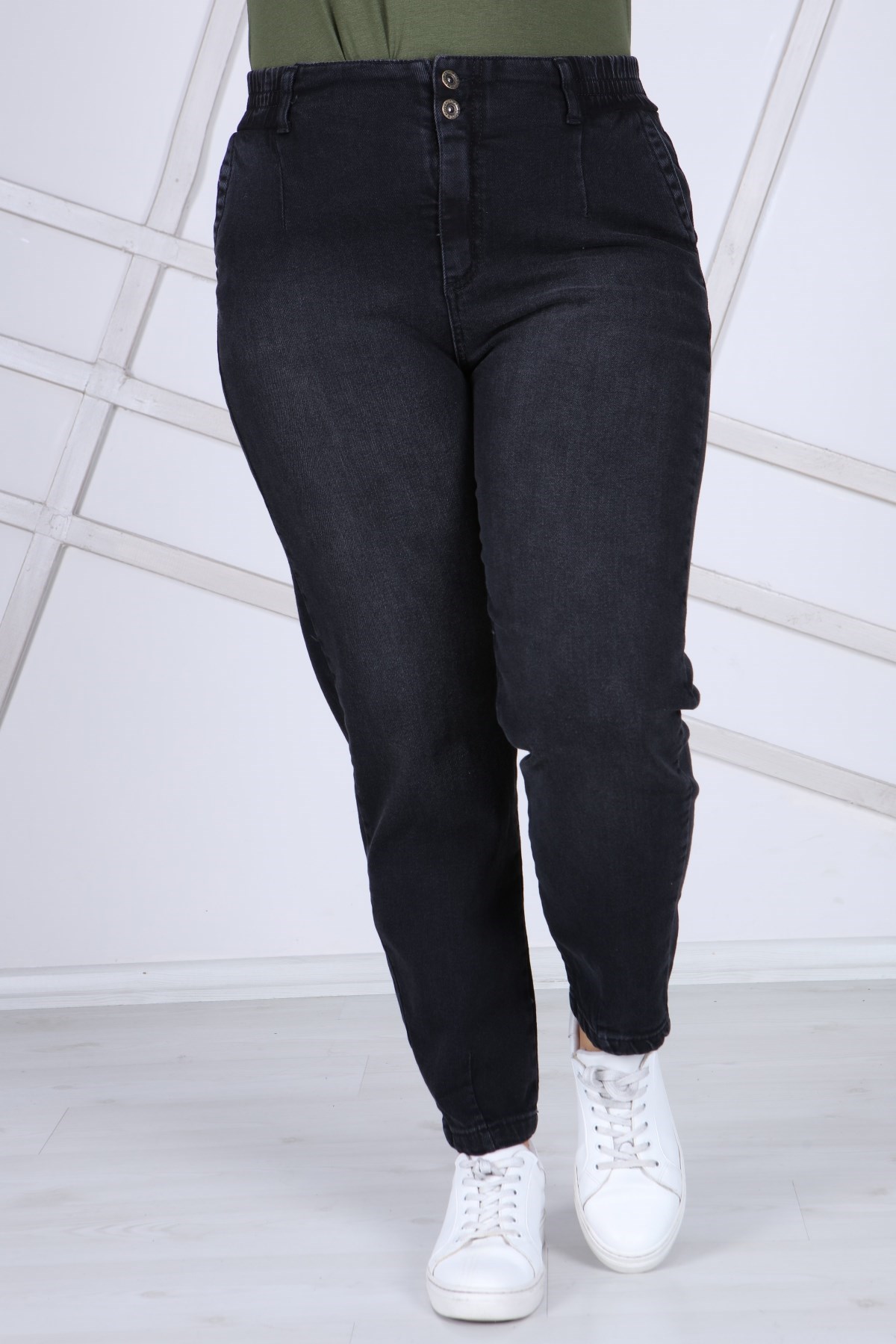 Rmg Beli Lastikli Çift Düğme Büyük Beden Füme Kot Pantolon