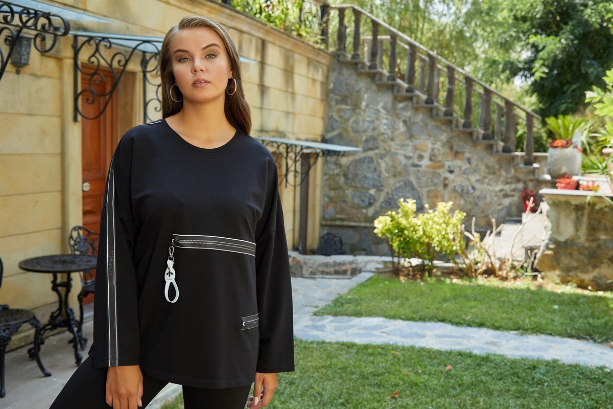 Rmg Fermuar Detaylı Şeritli Büyük Beden Siyah Sweatshirt