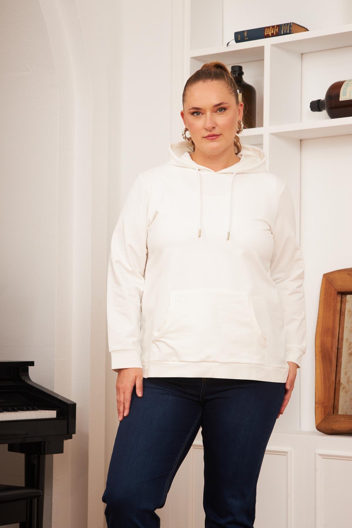 Rmg Kapşonlu Büyük Beden Beyaz Sweatshirt1
