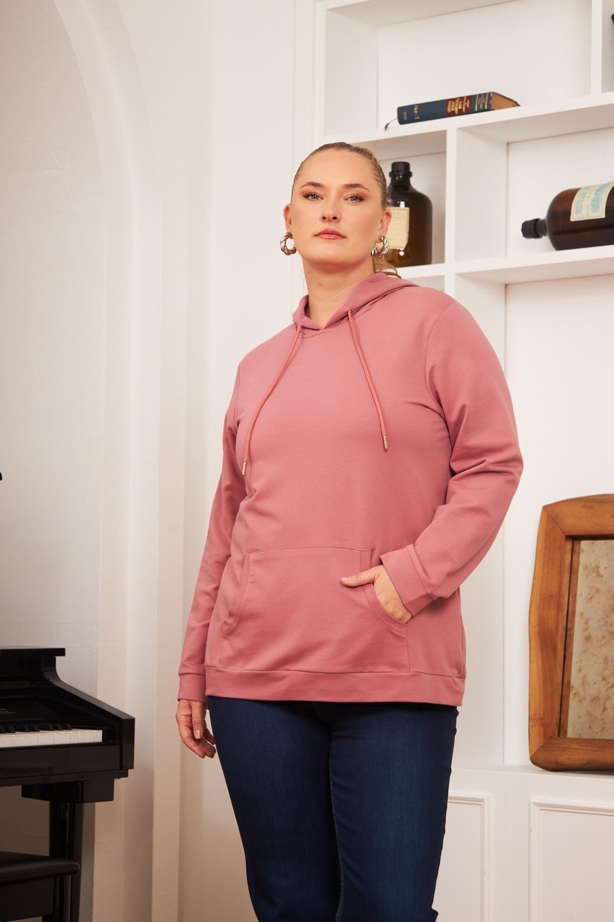 Rmg Kapşonlu Büyük Beden Gülkurusu Sweatshirt