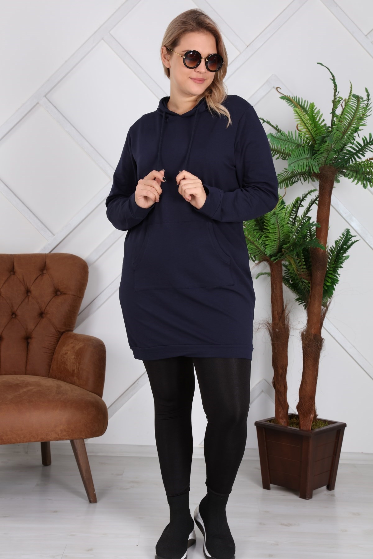 Rmg Kapşonlu Uzun Büyük Beden Lacivert Sweatshirt