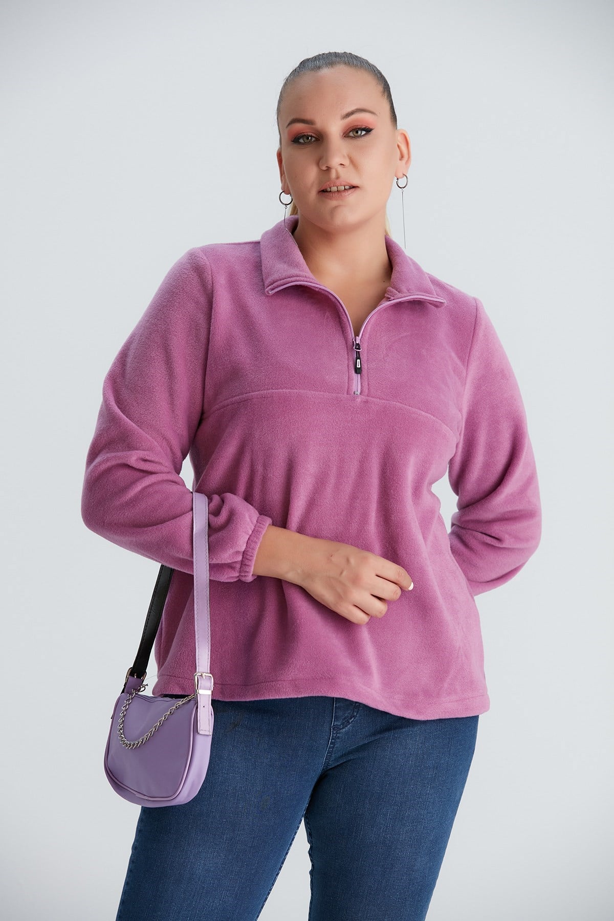Rmg Kolları Lastikli Büyük Beden Lila Polar Sweatshirt