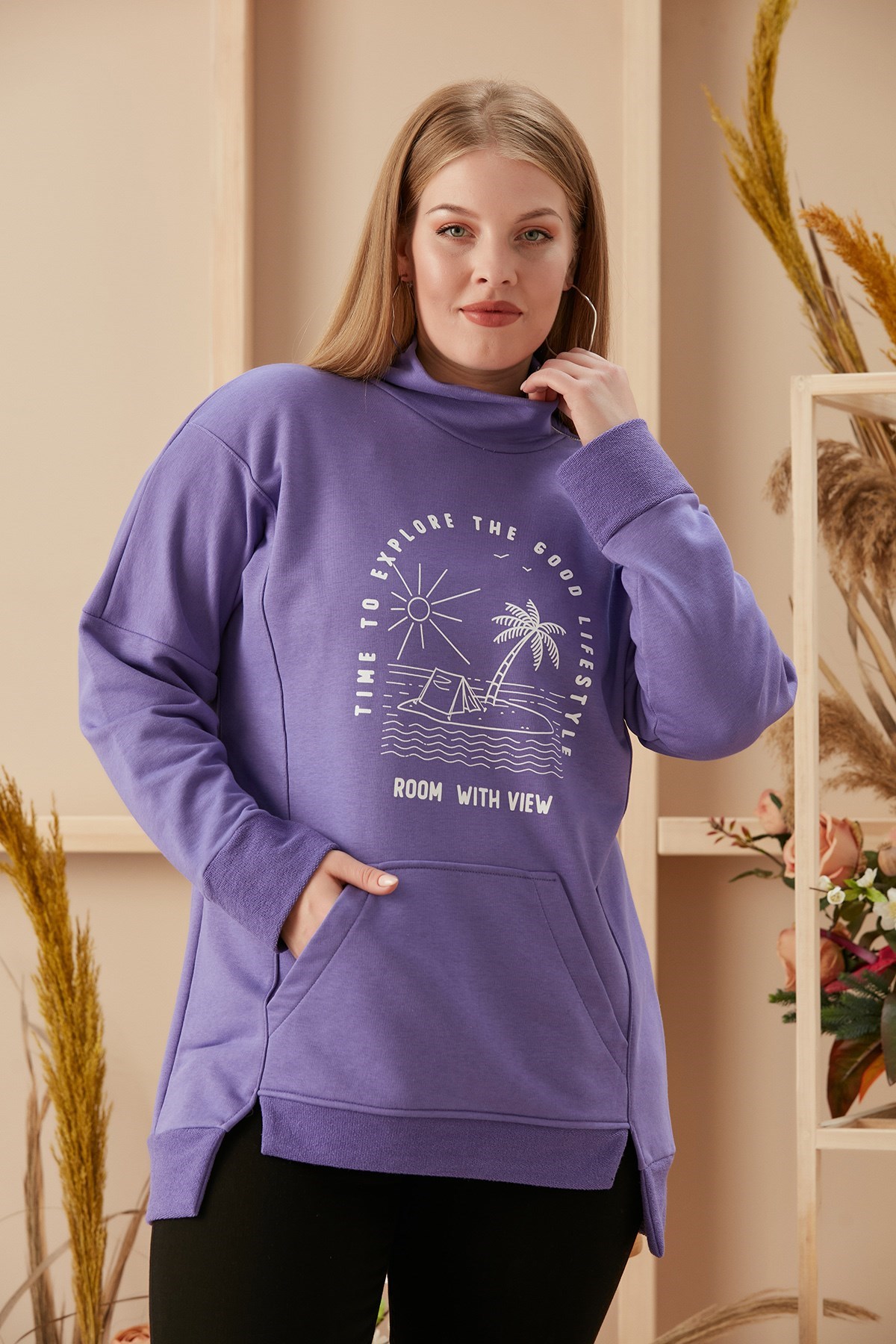 Rmg Omuz Fermuar Detaylı Baskılı Büyük Beden Eflatun Sweatshirt