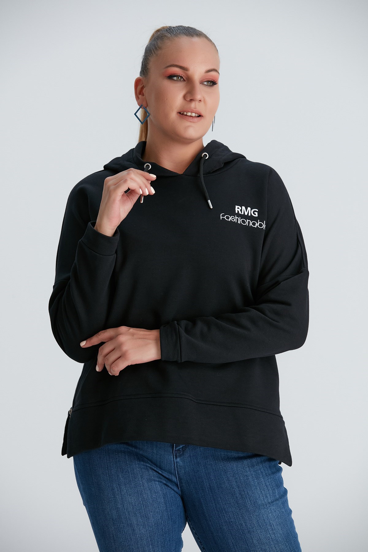 Rmg Yanları Fermuar Detaylı Büyük Beden Siyah Sweatshirt
