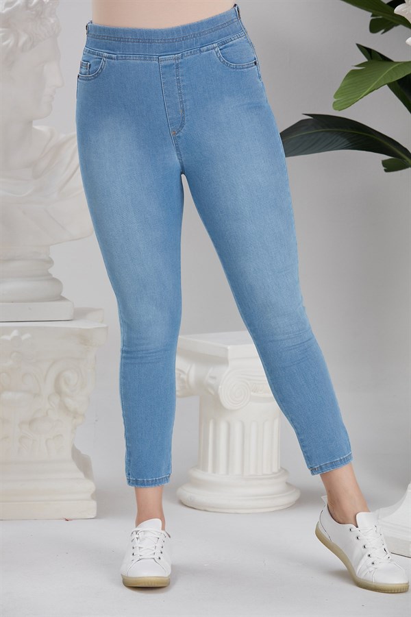 RMG Yanları Fermuarlı Beli Lastikli Büyük Beden Buz Mavi Kot Pantolon
